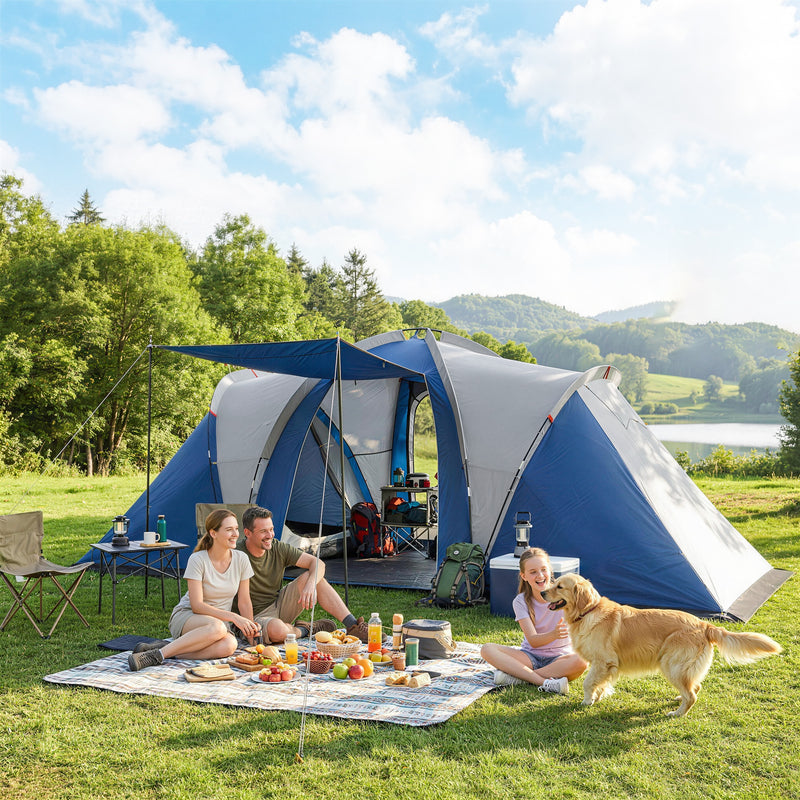 Waterproof Family Tunnel Camping Tent With Bedrooms & Porch, Navy Blue & Light Grey