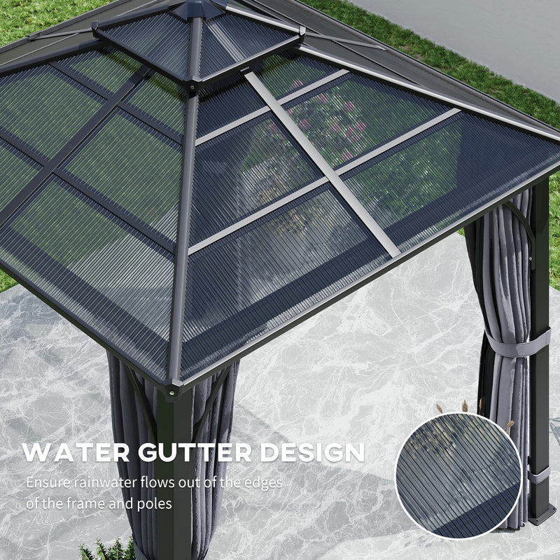 3m x 3m Hardtop Garden Gazebo with Polycarbonate Roof and Netting Dark Grey by Outsunny