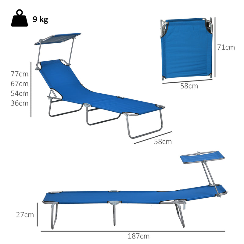 Set of 2 Blue Foldable Sun Loungers with 4 Position Adjustable Backrest and Sun Shade