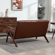 Compact 2 Seater PU Leather Sofa With Tufted Back And Wooden Legs For Home Office Brown
