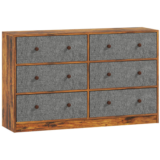 6 Drawer Fabric Chest of Drawers with Wooden Top for Bedroom Storage Grey and Rustic Brown