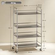 4 Tier Stainless Steel Kitchen Trolley With Adjustable Shelves For Storage, Silver
