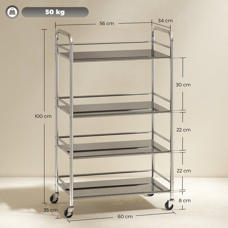4 Tier Stainless Steel Kitchen Trolley With Adjustable Shelves For Storage, Silver