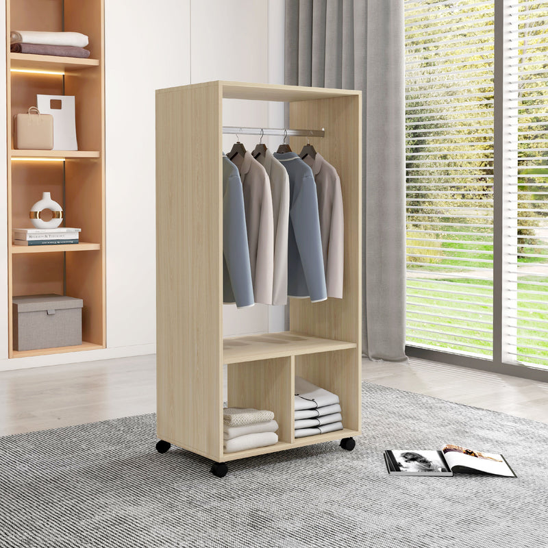 HOMCOM Open Wardrobe on Wheels, Bedroom Wardrobe with Clothes Hanging Rail, 2 Storage Shelves, Mobile Garment Rack for Cloakroom, Hallway, Natural AOSOM