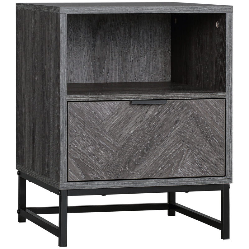 Bedside Table with Drawer and Open Shelf for Bedroom or Lounge with Steel Legs Dark Grey