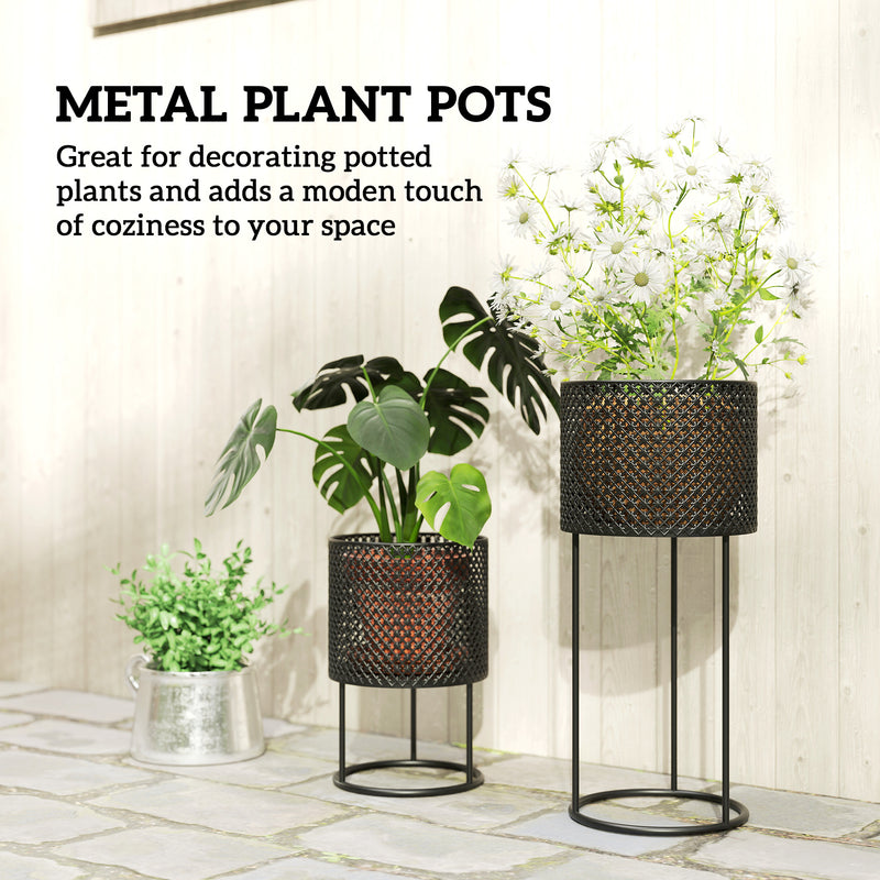 Metal Planter Set of 2 for Indoor or Outdoor Plants with Modern Woven Design Black AOSOM