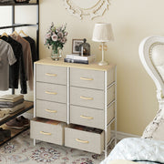 Industrial Style Chest of Drawers with 8 Fabric Storage Units and Wooden Top for Bedroom Maple Wood Effect