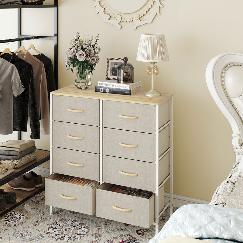 Industrial Style Chest of Drawers with 8 Fabric Storage Units and Wooden Top for Bedroom Maple Wood Effect