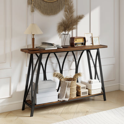 Industrial Hallway Table For Narrow Spaces - Black Metal Frame & Rustic Brown Shelf - L120 x W30 x H80cm Homcom