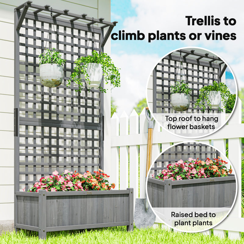 Wooden Raised Garden Planter With Trellis For Climbing Plants And Herbs Dark Grey Outsunny
