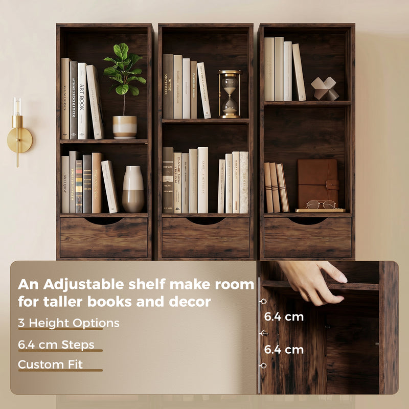 Slim Corner Bookcase with Adjustable Shelf and Storage Drawers for Small Spaces Rustic Brown