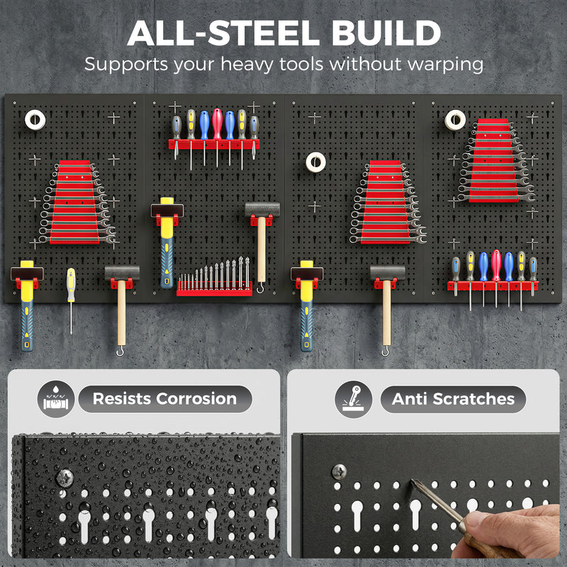 HOMCOM 38 Pcs Wall-Mounted Pegboard with 4 Boards, Garage Tool Storage Unit Black and Red