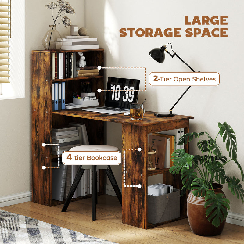 120cm Wooden Computer Desk with 6 Tier Shelves for Home Office or Study, Rustic Brown