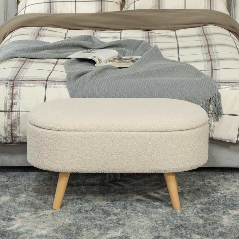 Storage Ottoman Bench with Hidden Compartment Cream White Teddy Fleece  by HOMCOM