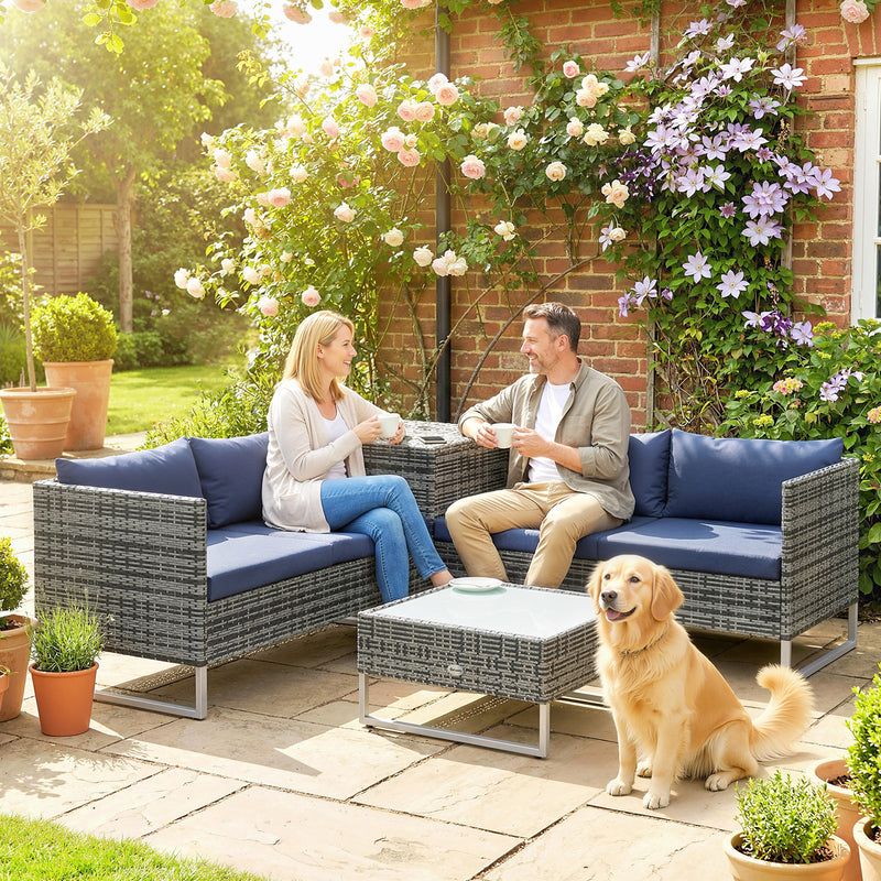 4 Seater Rattan Garden Furniture Set with Storage Box and Coffee Table, Mixed Grey Outsunny