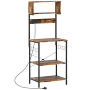 Kitchen Storage Rack with Power Outlet USB Ports Adjustable Shelves and Hooks Rustic Brown
