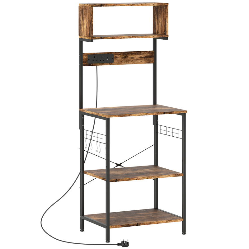 Kitchen Storage Rack with Power Outlet USB Ports Adjustable Shelves and Hooks Rustic Brown