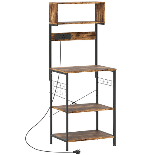 Kitchen Storage Rack with Power Outlet USB Ports Adjustable Shelves and Hooks Rustic Brown