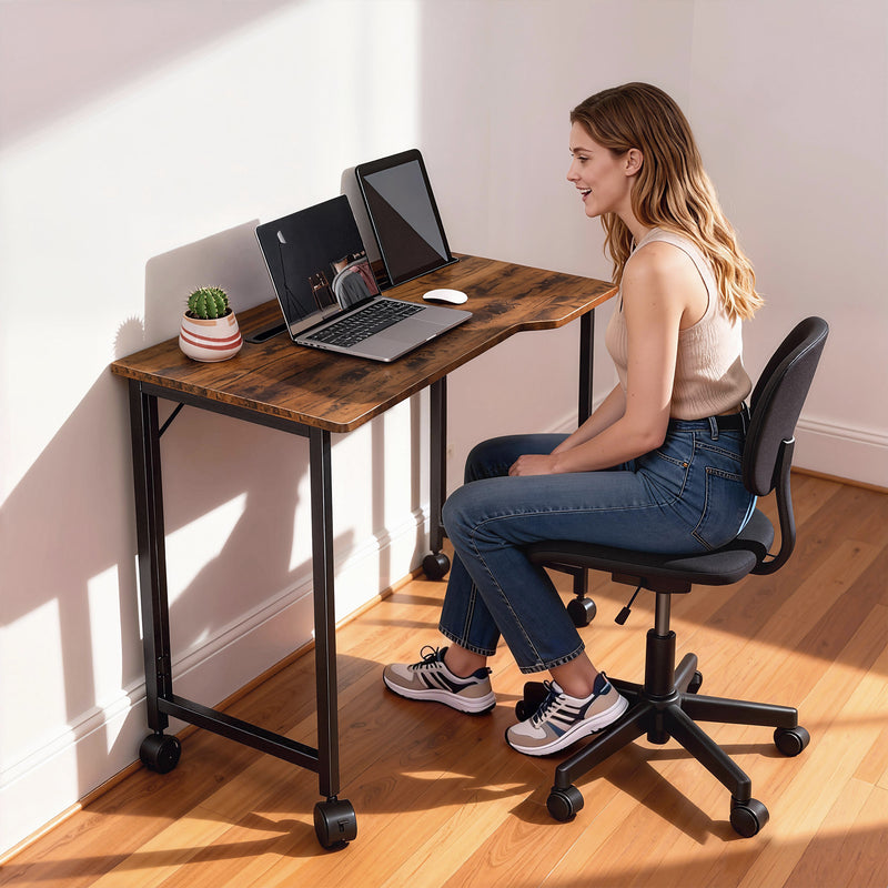 Compact Folding Desk on Wheels with Storage Shelf for Home Office Use Rustic Brown AOSOM