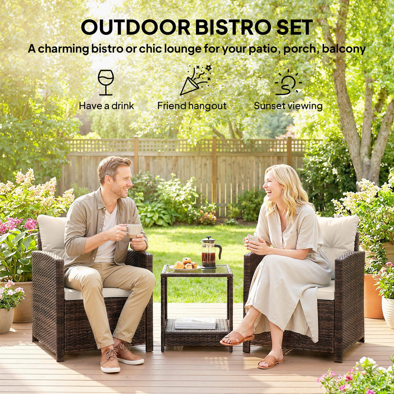 Rattan Bistro Set for 2 with Cushioned Chairs and Glass Table for Small Outdoor Spaces Outsunny