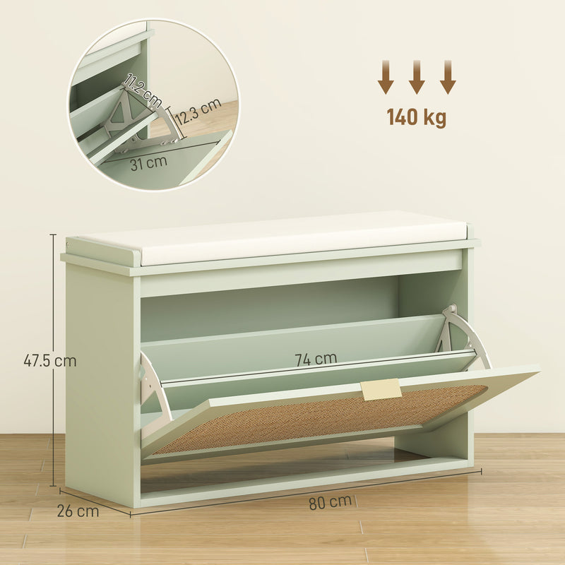Boho Shoe Storage Bench With Cushion Seat And Flip Drawer For Hallway Light Green