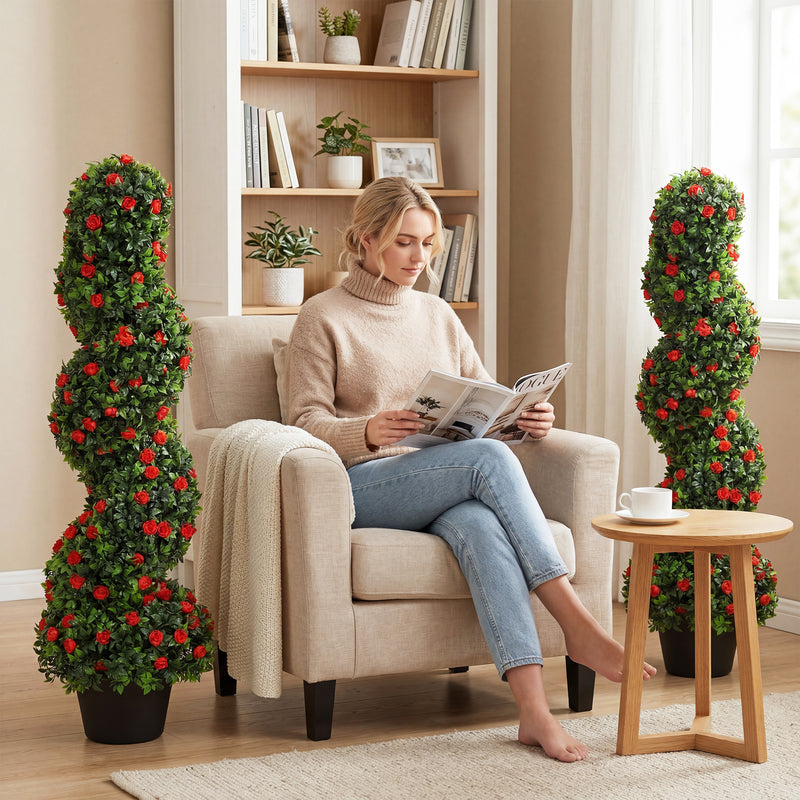 Artificial Rose Spiral Topiary Trees Set of 2 for Easy Care Doorway or Patio Display Red AOSOM