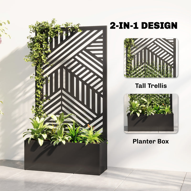 Metal Planter with Trellis for Climbing Plants and Privacy Screen Outdoor Black