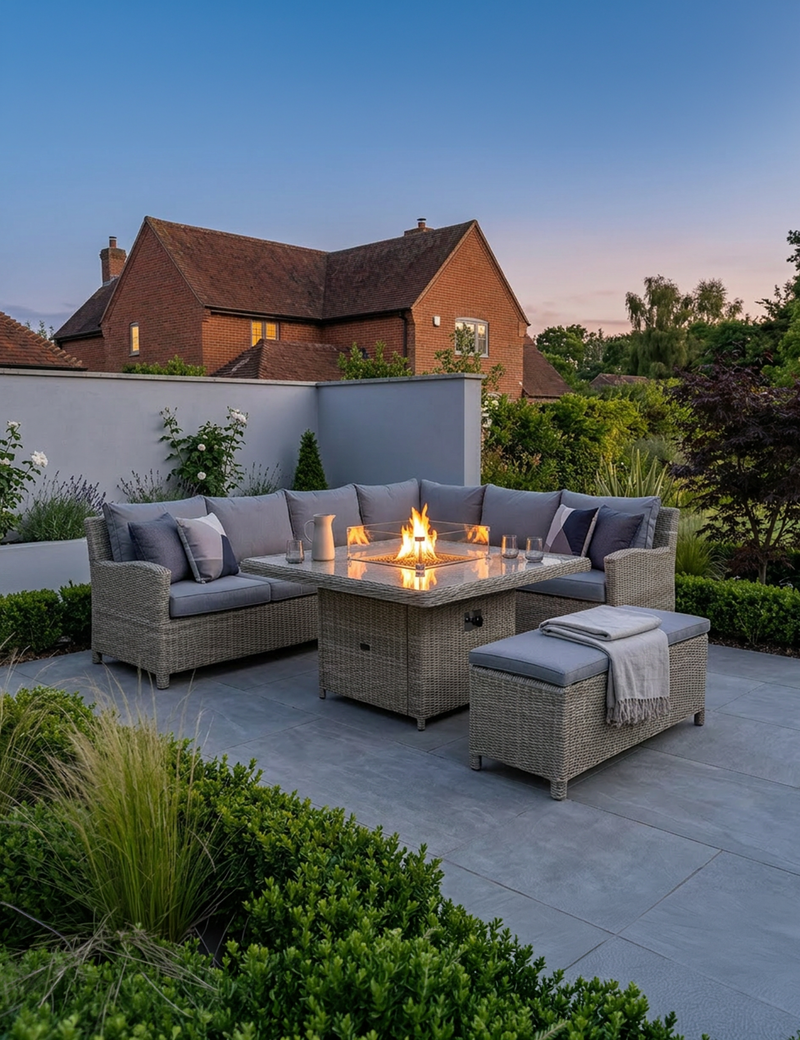 Royalcraft Wentworth rattan corner fire pit set lit at dusk on a garden patio