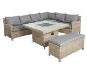 Royalcraft Wentworth modular rattan corner lounging set arranged around the square fire pit table