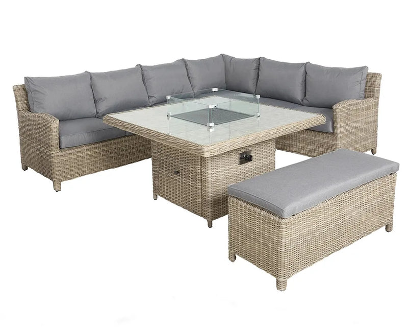Royalcraft Wentworth modular rattan corner lounging set arranged around the square fire pit table
