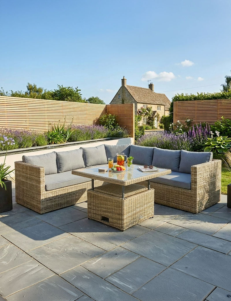 Royalcraft Wentworth rattan corner sofa set with height-adjustable tempered glass table