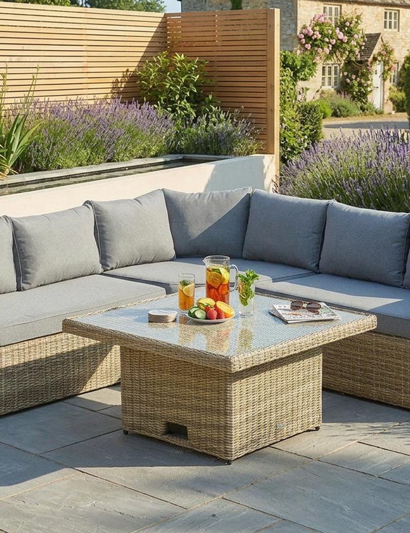 Royalcraft Wentworth rattan corner lounging set arranged on a garden patio