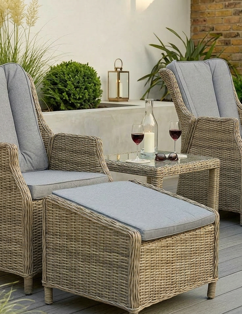 Wentworth rattan gas recliner chair reclined with footstool