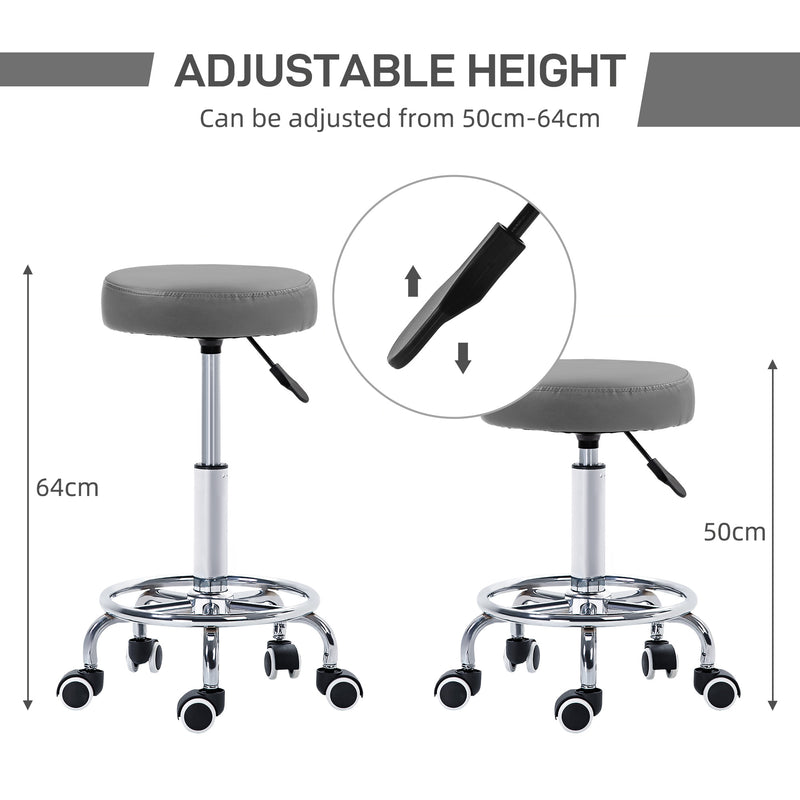 Height Adjustable Rolling Stool with PU Leather Seat and Wheels for Salon or Spa Use Grey