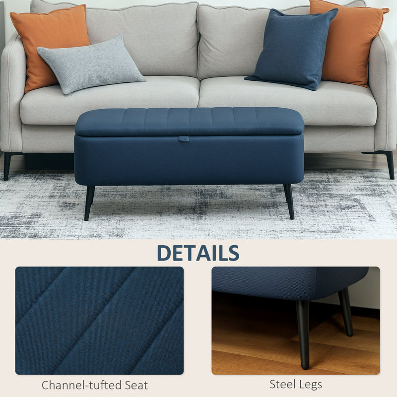 Linen Look Storage Ottoman Bench With Lift Up Lid For Living Room Or Bedroom Dark Blue