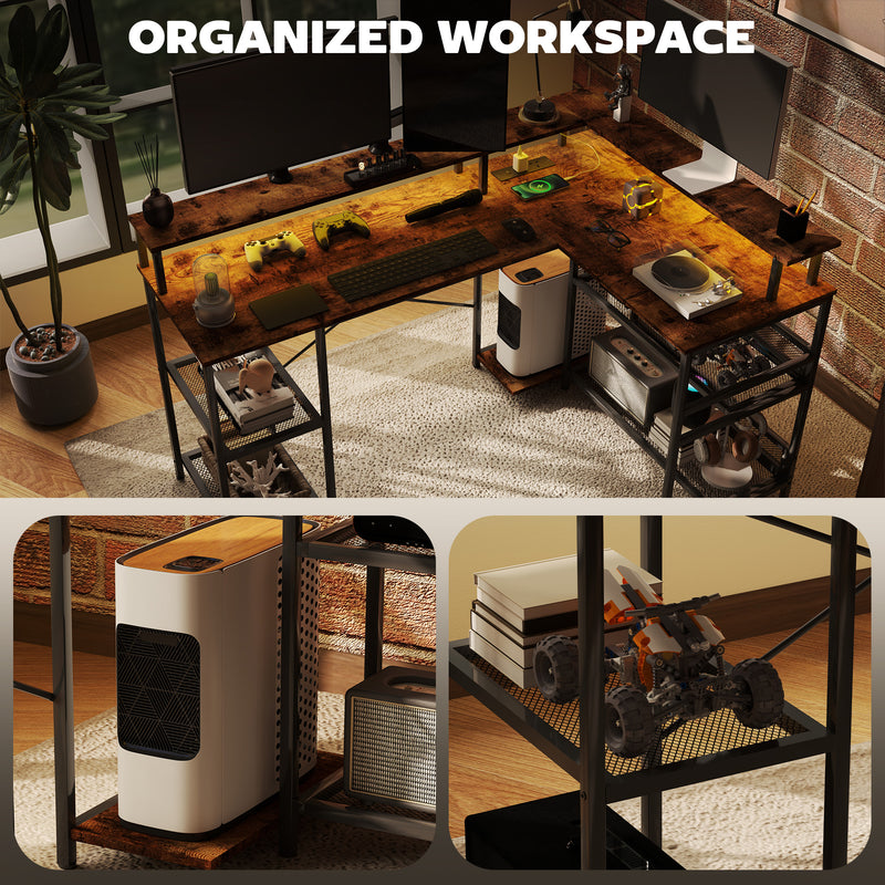 L Shaped Gaming Desk with LED Lights and Power Outlets 150cm Corner Computer Desk by HOMCOM