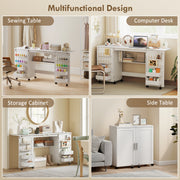 Folding Sewing Table with Storage and Wheels for Compact Home Craft Spaces White AOSOM