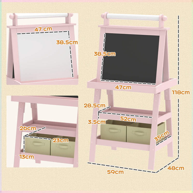 3 in 1 Kids Easel with Magnetic Whiteboard Chalkboard Paper Roll and Storage Baskets, Pink