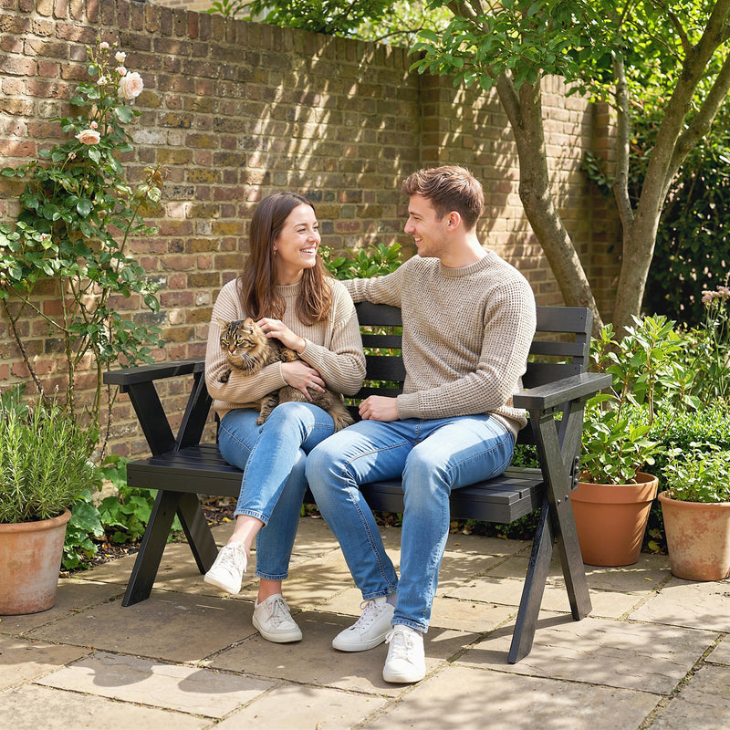 Black Wooden Garden Bench for 2 with Weather Resistant Fir Wood and Modern X Frame Legs