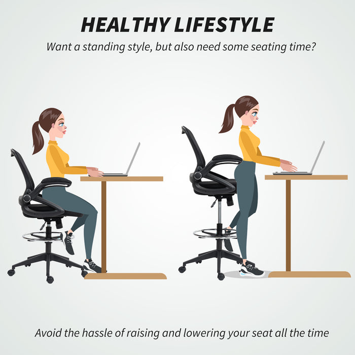 Black Mesh Drafting Chair with Flip-up Armrests and Foot Ring for Standing Desk by Vinsetto