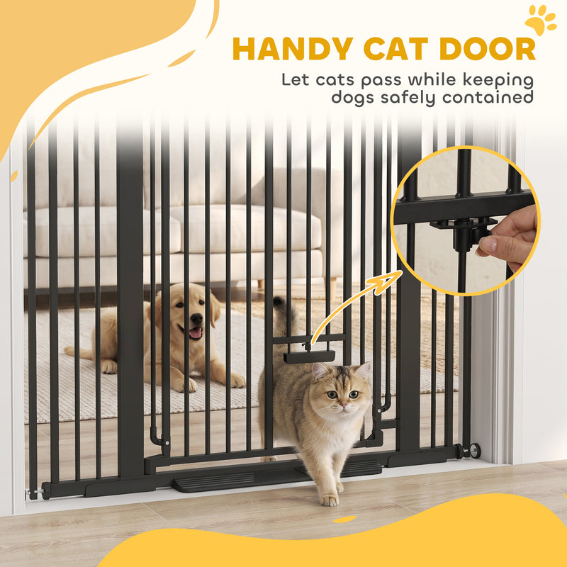Extra Tall Dog Gate With Cat Door For Wide Doorways And Stairs Pressure Mounted Black