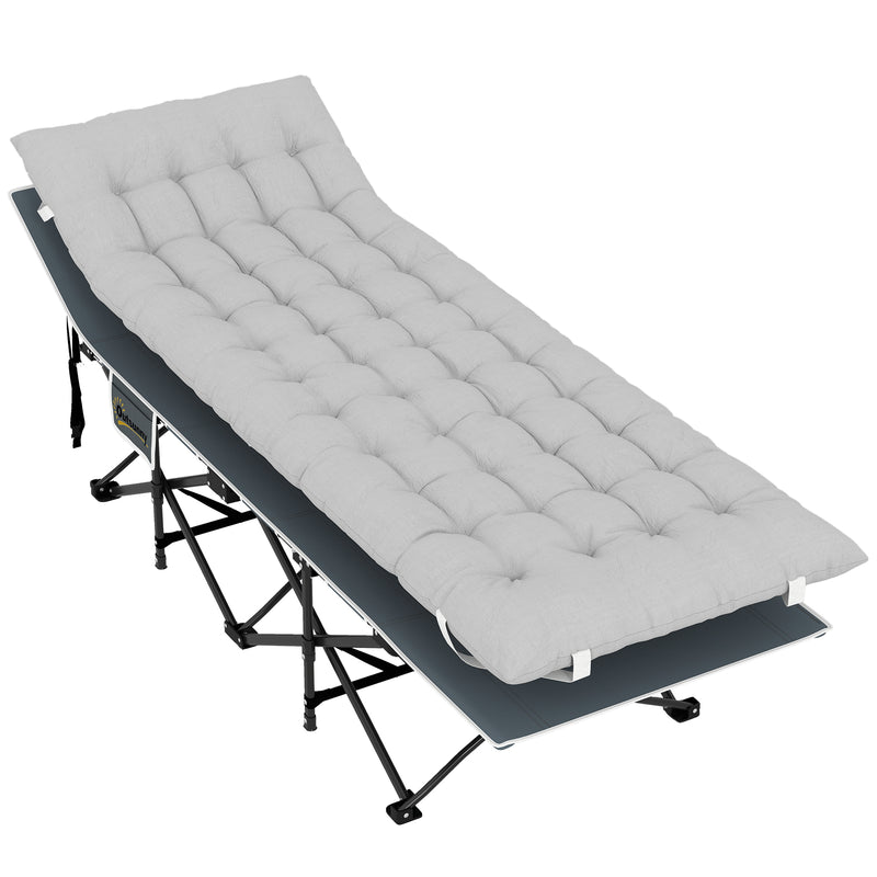 Folding Camp Bed with Thick Mattress and Side Pocket for Outdoor Relaxing Light Grey