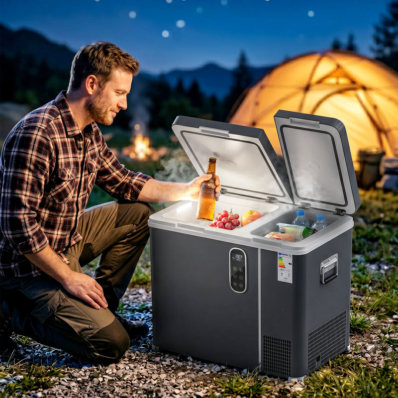 Portable Dual-Zone Fridge Freezer for Camping and Road Trips with Fast Cooling Grey