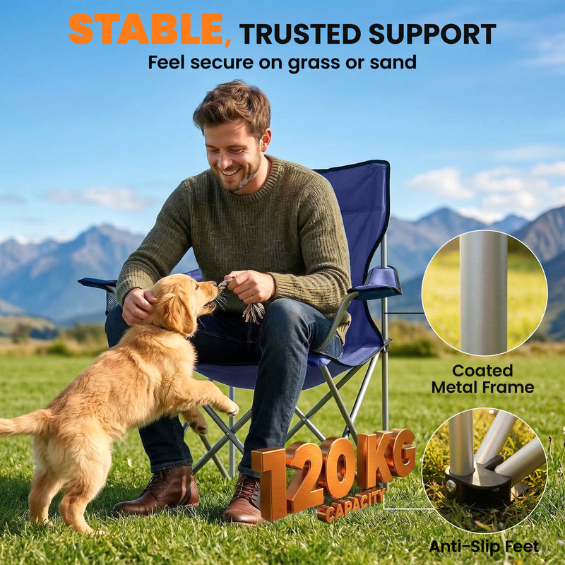 Folding Camping Chair Set of 2 with High Back and Cup Holder for Garden or Campsite Dark Blue