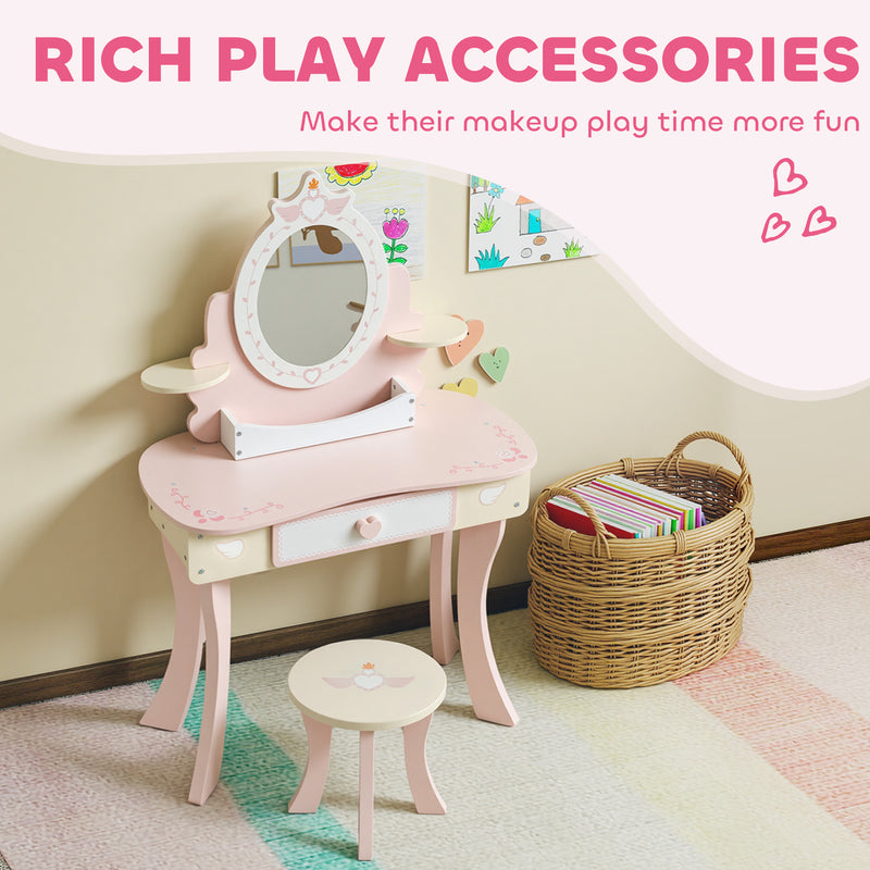 Kids Vanity Dressing Table Set With Mirror Stool Storage And Accessories For Girls Pink