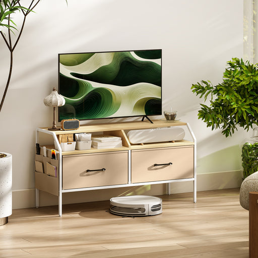 TV Stand Cabinet for 55 Inch TVs with Storage Drawers and Shelves for Living Room, Natural Wood