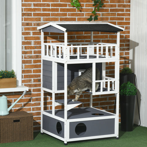 3 Tier Outdoor Wooden Cat House With Terrace And Sheltered Base For Winter, Grey
