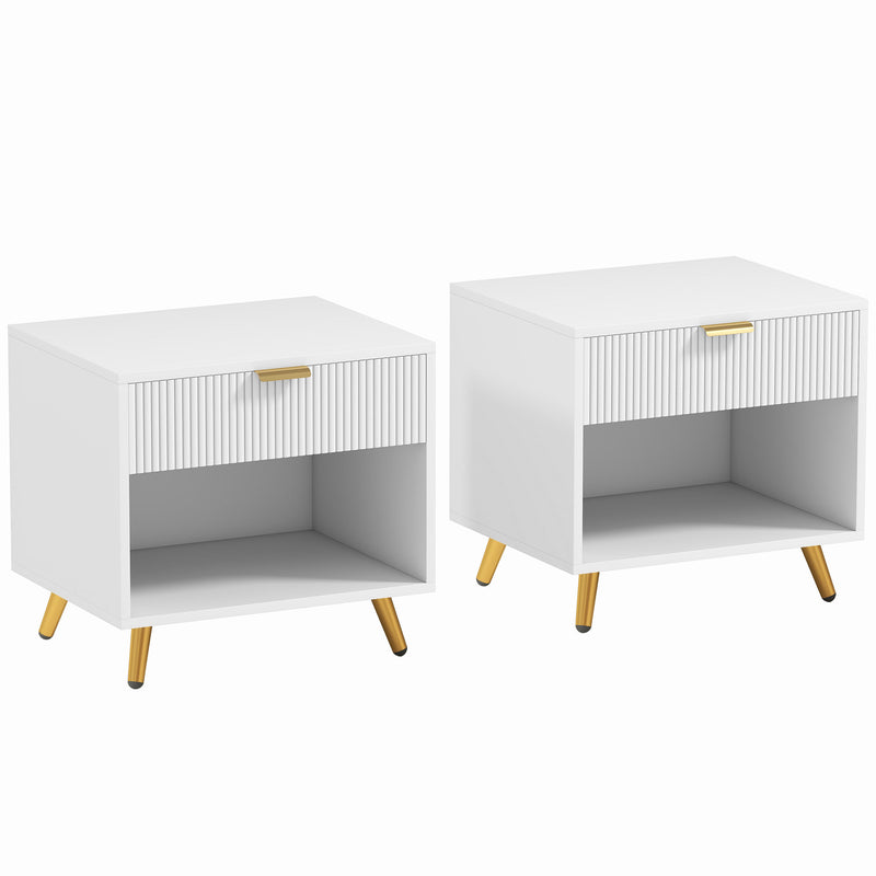 HOMCOM Bedside Tables Set of 2, Bedside Cabinets With Drawer and Open Compartment, Nightstands With Handle for Bedroom, Living Room, White AOSOM