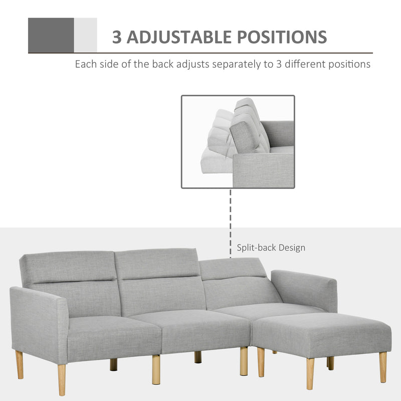 L Shaped Linen Fabric Corner Sofa Bed with Footstool and Wooden Legs for Living Room Light Grey