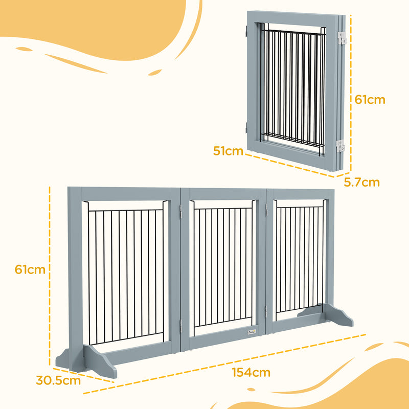 Grey Foldable Pet Gate with Three Panels and Two Support Feet by PawHut